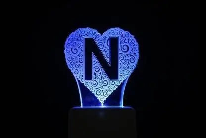 Heart-Shaped Night Lamp with Letter N and Blue Glow