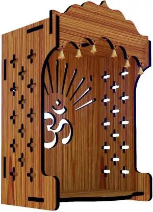 Large Wooden Wall-Mounted Home Temple with Om and Sunburst Design