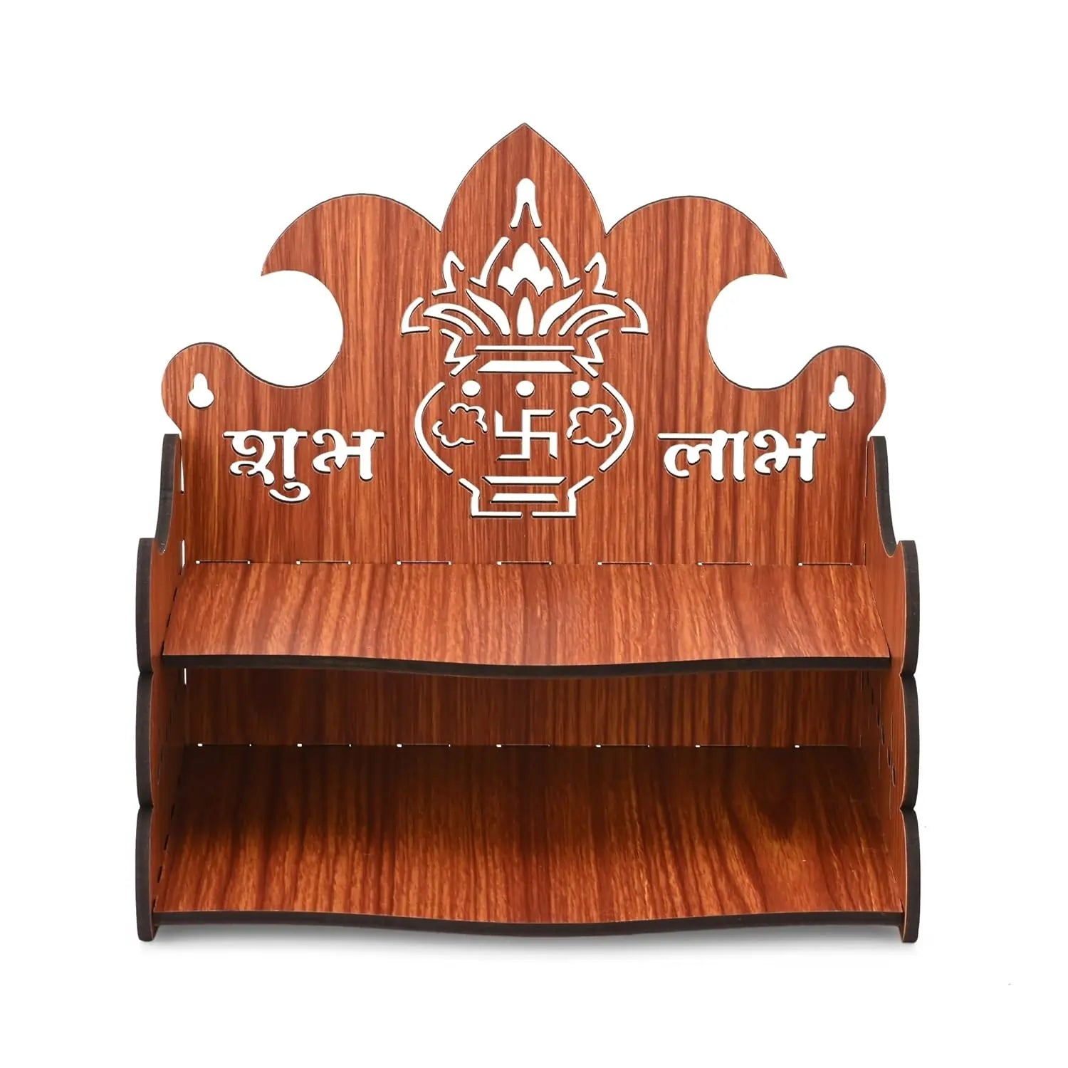 Small Wooden Wall-Mounted Home Temple with Om and Sunburst Design