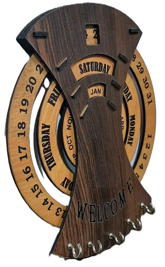 Wooden Perpetual Wall Calendar with Key Holder
