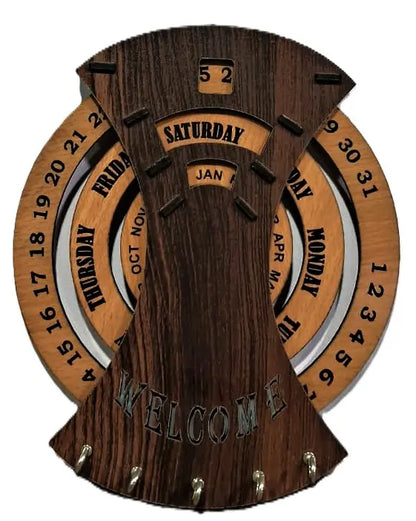 Wooden Perpetual Wall Calendar with Key Holder