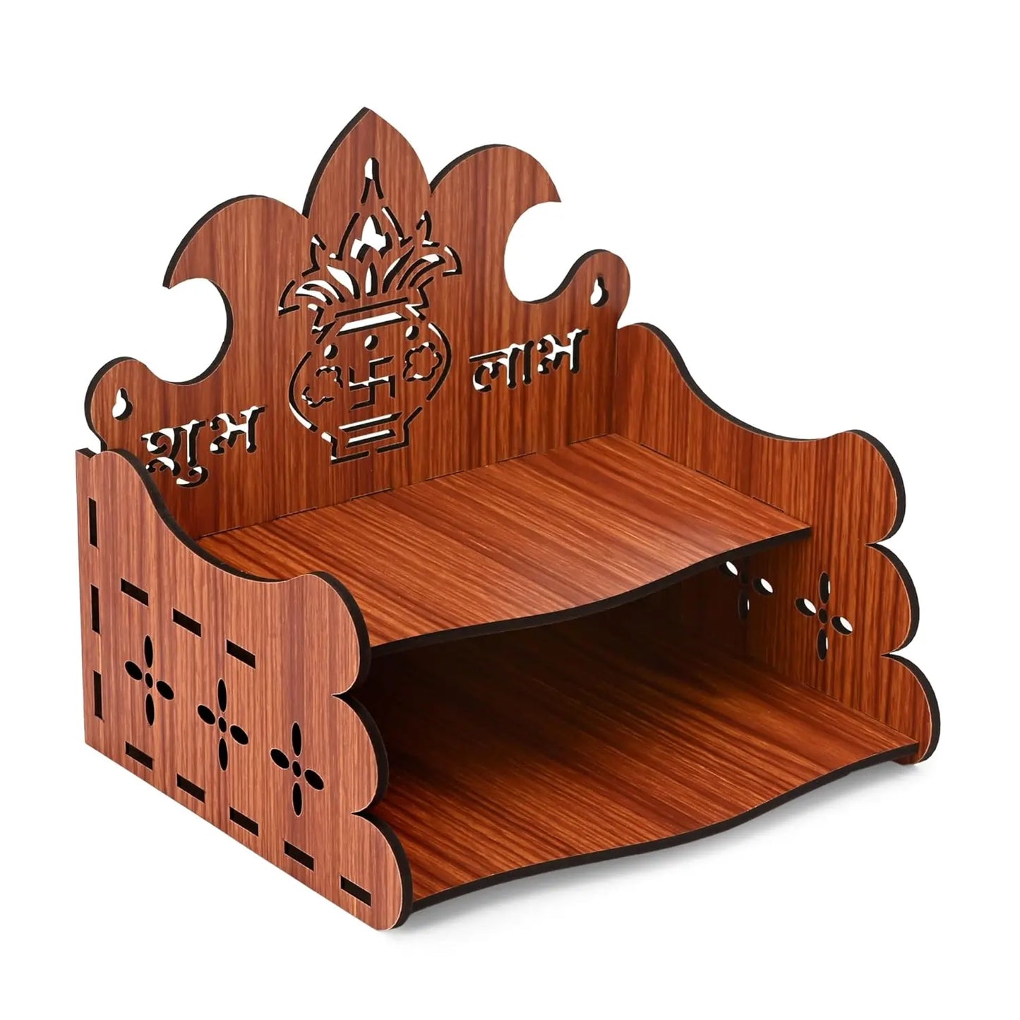 Small  Wooden Wall-Mounted Home Temple with Om and Sunburst Design